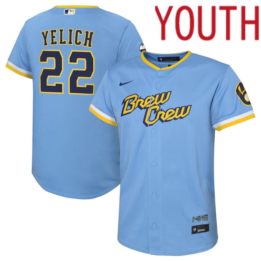 Custom Youth Milwaukee Brewers 22 Christian Yelich Nike Powder Blue 2022 City Connect Replica Player MLB Jersey